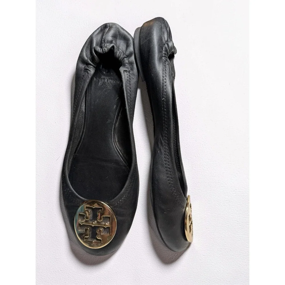 Tory Burch Reva Ballet Flats Gold Medallion Black Leather Comfy Stretch Size 10